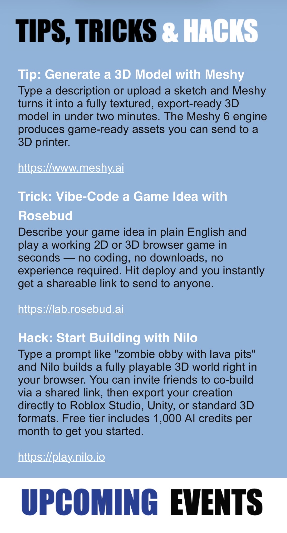 Communication output example titled Tips, Tricks and Hacks.